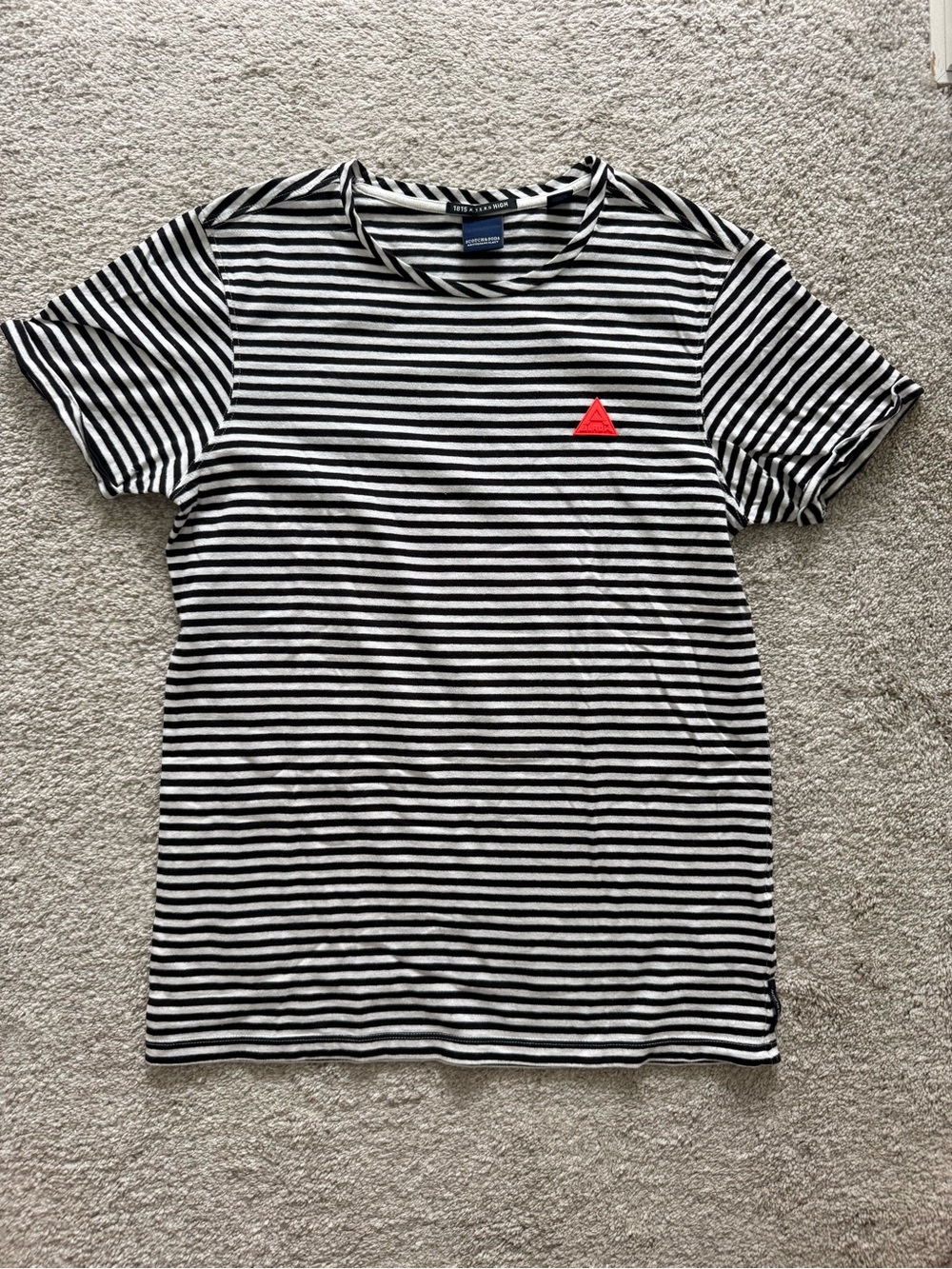 Men’s Scotch & Soda Striped Black & White T-Shirt with Orange/Red Accent